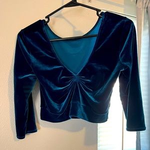L. ROSE DESIGNS | Cropped blue velvet 3/4 sleeve top with ruched front detail